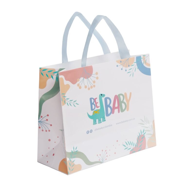 Bolsa de regalo BeBaby plastificada con brillo, con el dinosaurio de la marca y asas azules